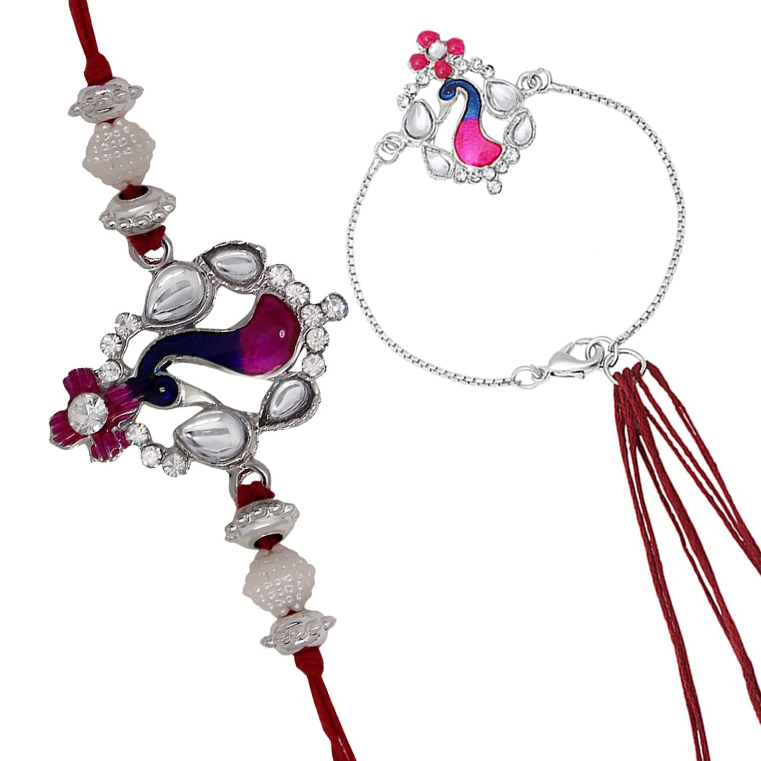 Mahi Couple Rakhi for Brother and Bhabhi with Studded Crystals Roli & Chawal Tassels - Bhaiya Bhabhi Rakhi Set with Lumba (PARCOL1105340PR)