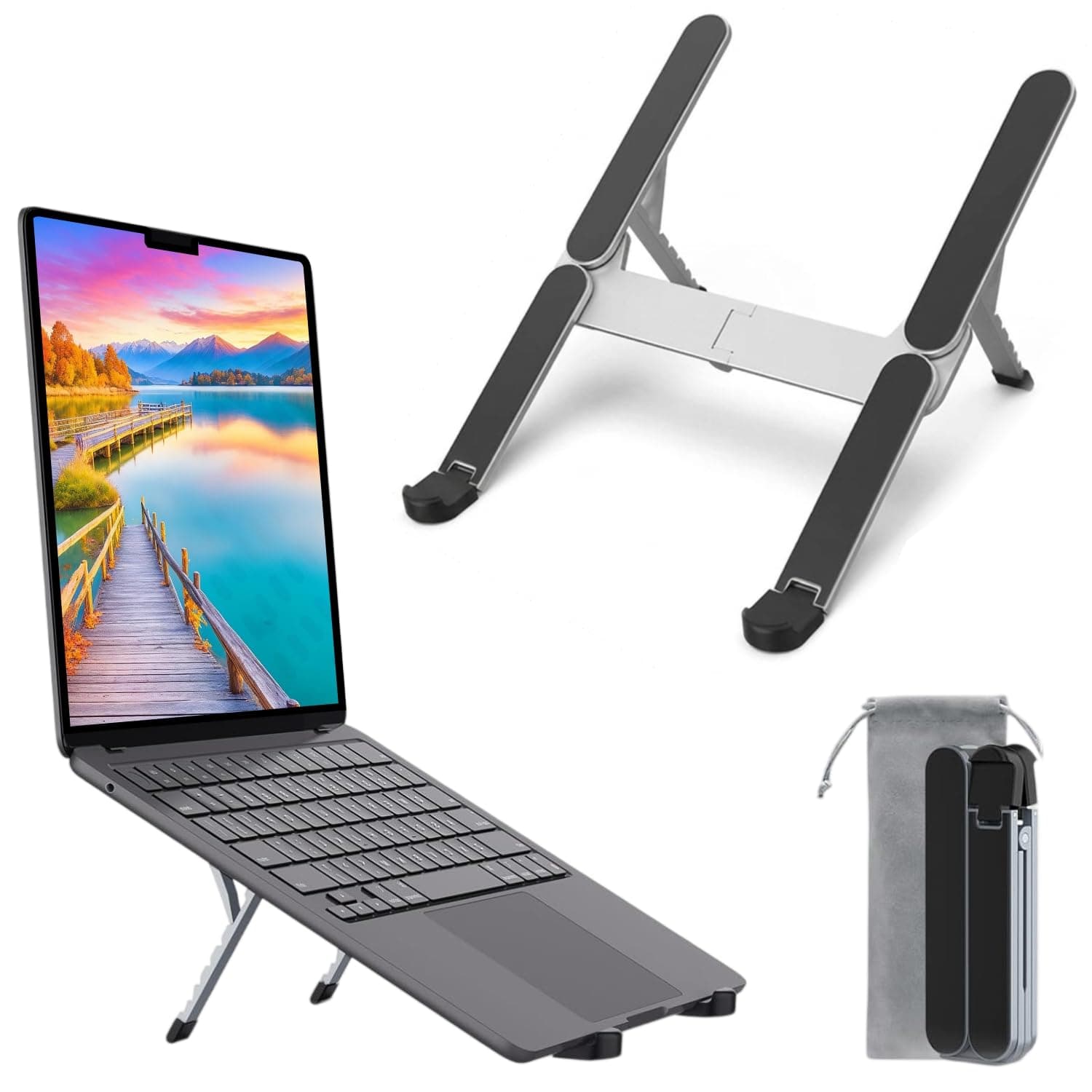 Dyazo Pro Foldable Aluminum Laptop Stand | 8 Level Adjustable Height Portable Ergonomic Riser with Heat Dissipation Design | Compatible for MacBook, HP, Dell, Acer & Laptops Upto 15.6 Inch (Silver)