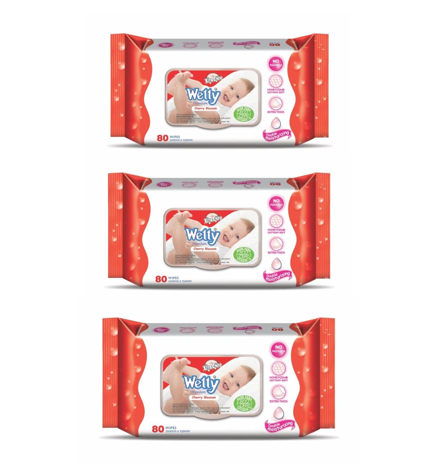 Baby Wetty Premium Wet Wipes - Cherry Blossom 80 Wipes/Pack, Pack of 3