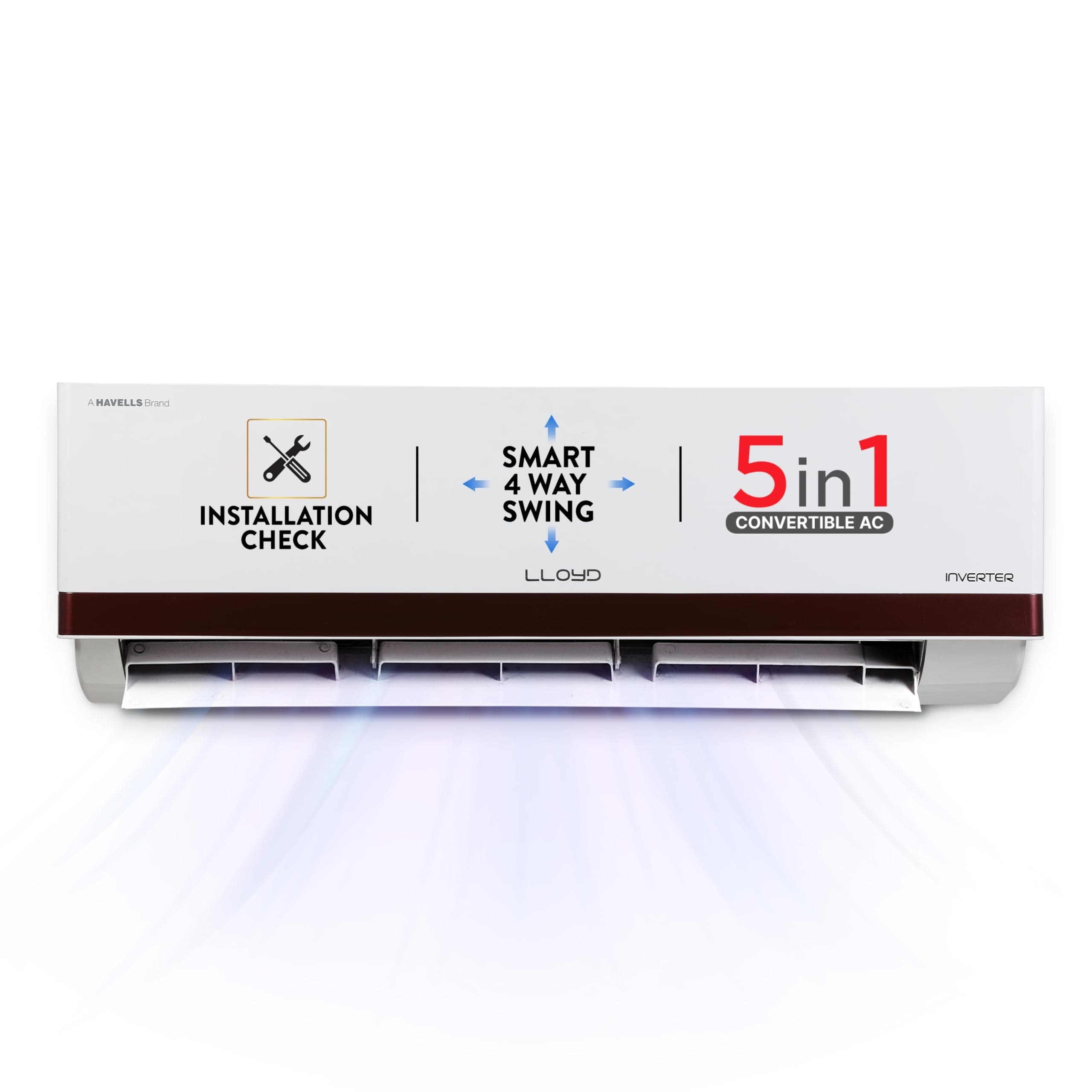 Lloyd 1.5 Ton 5 Star Inverter Split AC (5 in 1 Convertible, Cools Even at 52°C, Anti Corrosion Coating, 100% Copper, White with Red Deco Strip, GLS18I5KWEGW)