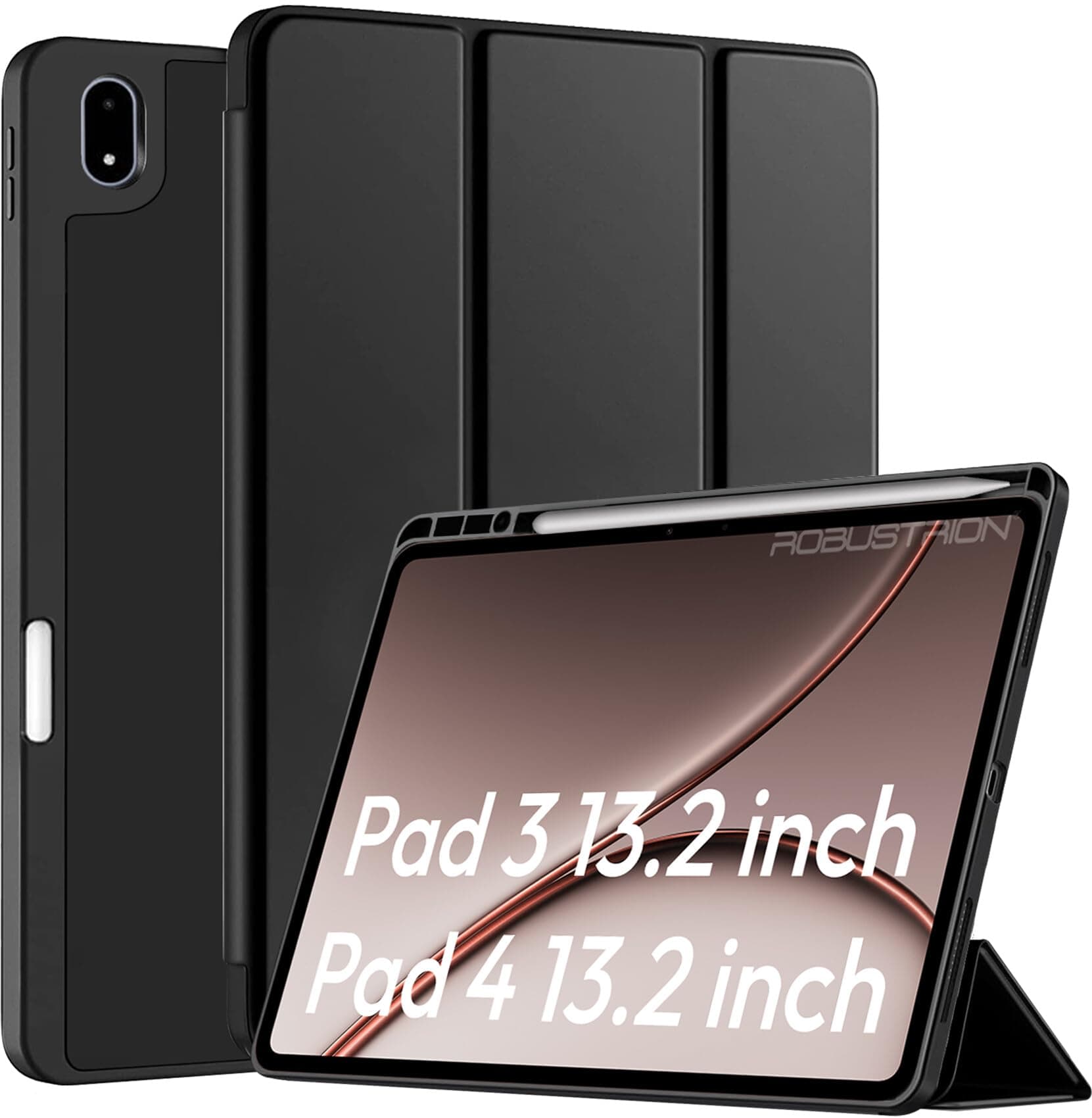 Robustrion Cover Case for OnePlus Pad 4 13.2 inch/OnePlus Pad 3 13.2" Cover with [Pencil Holder], Flip Cover Case for One Plus Pad 4/3 Cover 13.2 inch [Auto Sleep Wake Support] - Black