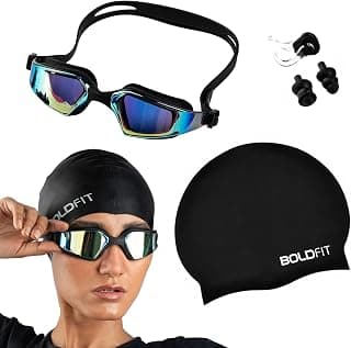 Boldfit Swimming Cap Goggles with Ear & Nose Plug Set for Men Swimming Cap & Goggles for Women Combo with Anti Fog Adjustable Strap for Training Set Black