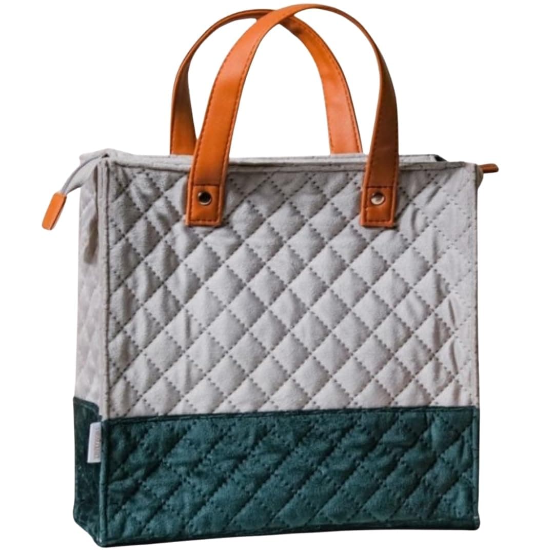 Nestasia Lunch Bag for Women Office Use - Stylish Velvet Quilted Tiffin Bag, Fits Small 320ml x 3 Lunch Boxes & 700ml Water Bottle, Perfect for Office & Travel (Grey & Green)