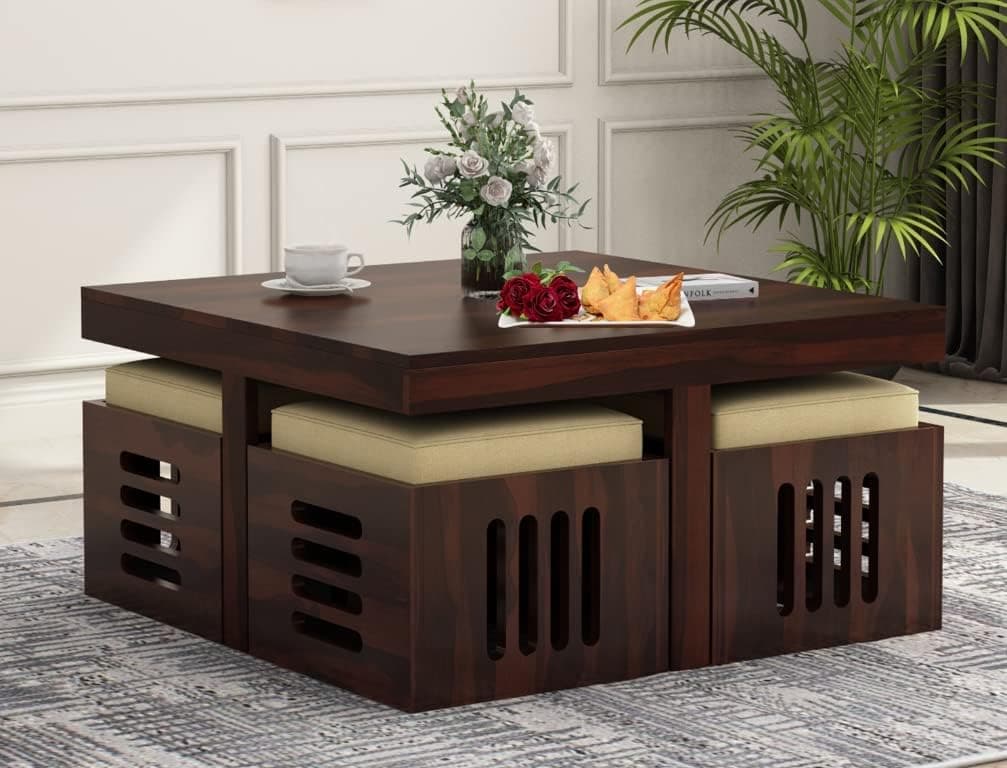 Custom Decor Solid Sheesham Wood Coffee Table with 4 Stools | Center Table for Living Room with Cushioned Stools | Teapoy for Living Room (W-Modern, 4 Stools)