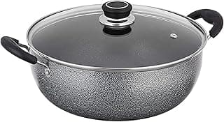 Amazon Solimo Non-Stick Kadhai With Glass Lid | 26 Cm | 4 L | Hammerstone Finish | 3 Coat, 2.9 Mm Thickness|Black