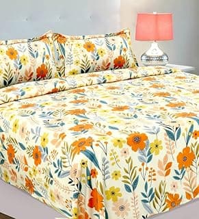 VAS COLLECTION 220 TC 100% Cotton Kingston Collection Super King Size Bedsheets with 2 King Size Pillow Covers| Luxury Soft Sheets (3pcs Set) |108x108 inches, Beige & Yellow