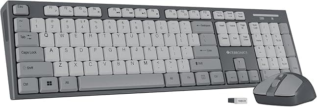 Zebronics Wireless Keyboard & Mouse Combo, 104 UV-Printed Keys, ₹ Key, 12 Multimedia Keys, Retractable Stand, 4 Button Mouse, 1600 DPI, High Precision, USB Nano Receiver (Companion 304, Grey)