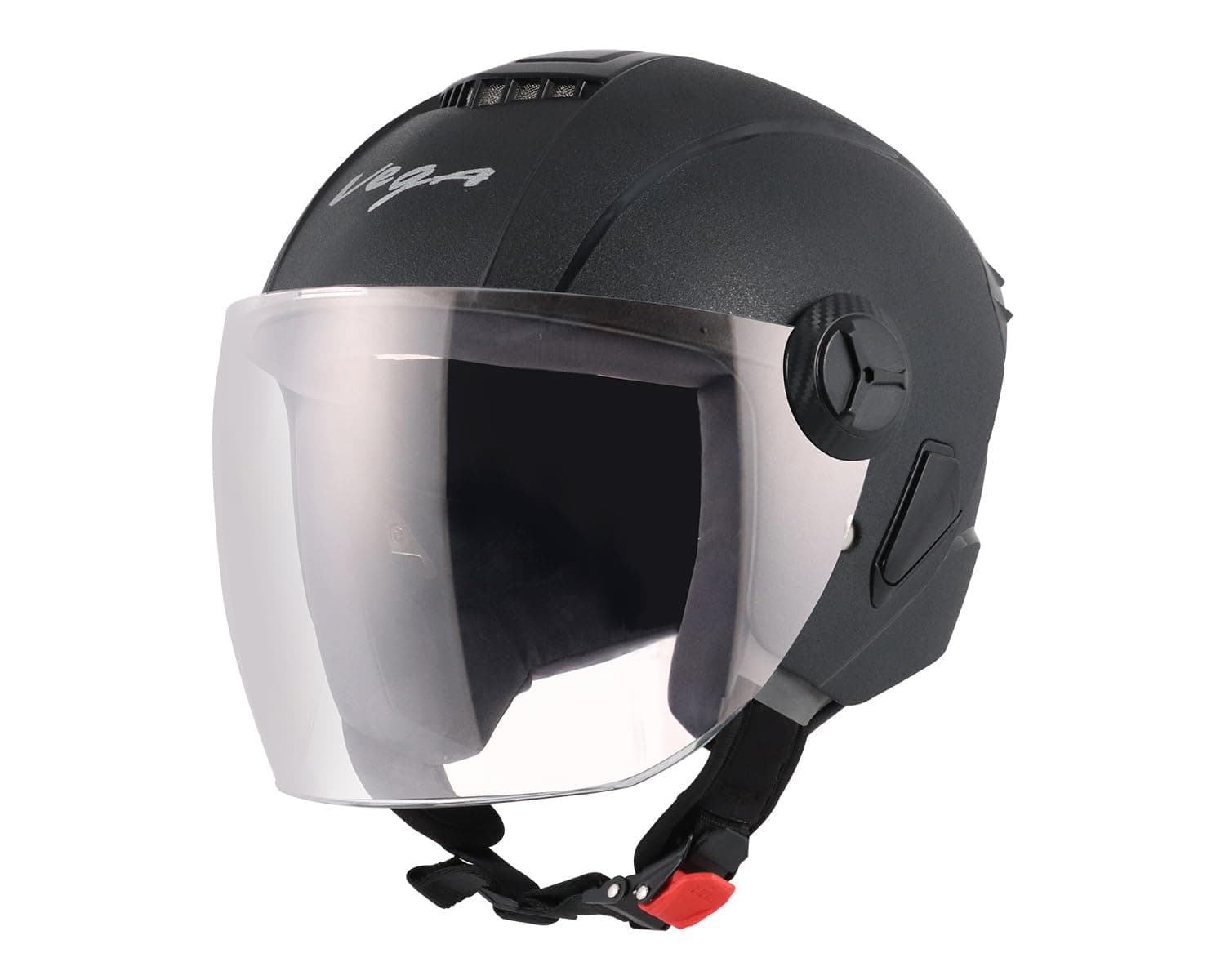 Vega Aster ISI Certified Full Face Motorcycling Helmet with Impact Resistant ABS Shell High Density EPS Liner Scratch Resistant Visor Quick Release Buckle Comfortable Inner Padding Black Helmet-L
