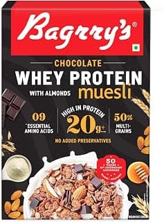 Bagrry's Whey Protein Muesli 500gm Box | 20gm Protein | Chocolate Flavour| Whole Oats & Californian Almonds| Breakfast Cereal|Protein Rich| Premium American Whey Muesli