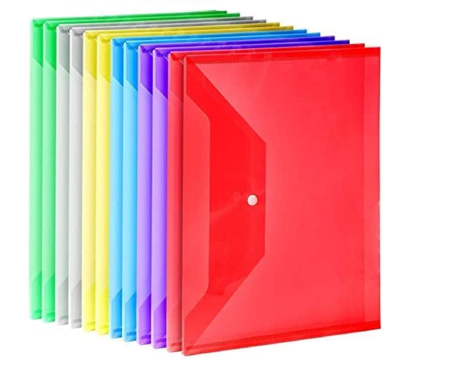 CAMPIO Transparent Document Folder - Side Opening Colored Poly-Plastic File Storage Bag with Snap Button - A4 & Legal Size Document Folder for Certificates, Plastic File Organizer - Set of 10