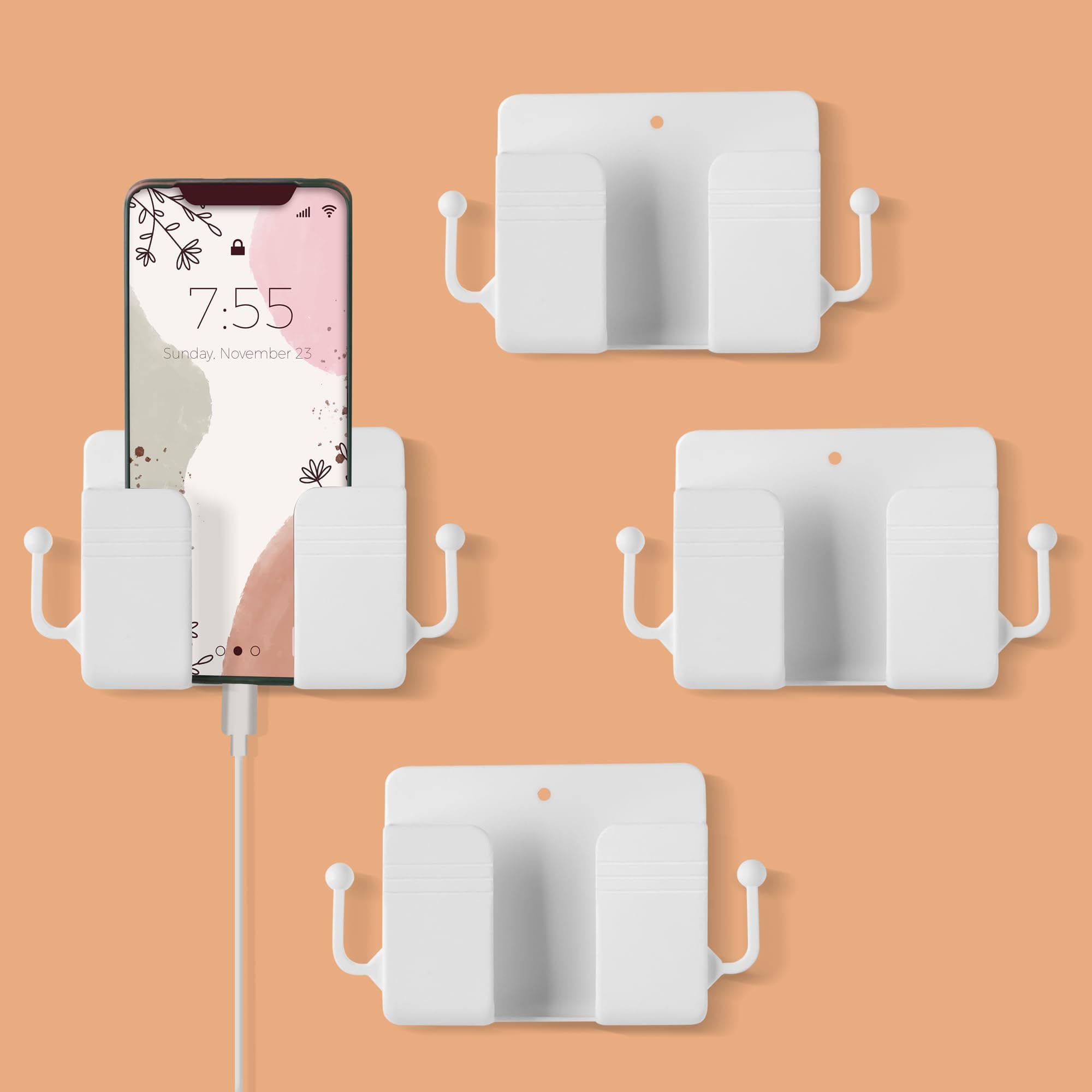 Pack of 4 Wall Mount Self-Adhesive Wall Storage Mobile Holder | Mobile Phone Charging Bracket | Multipurpose Organizer Wall Mount Holder for Remotes,Phone (White)