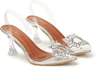 Retro Walk Women’s Synthetic Transparent Crystal Embellished Heels | Clear Slingback Pointed Toe Sandals | Stylish Block Heels with TPR Sole for Women & Girls