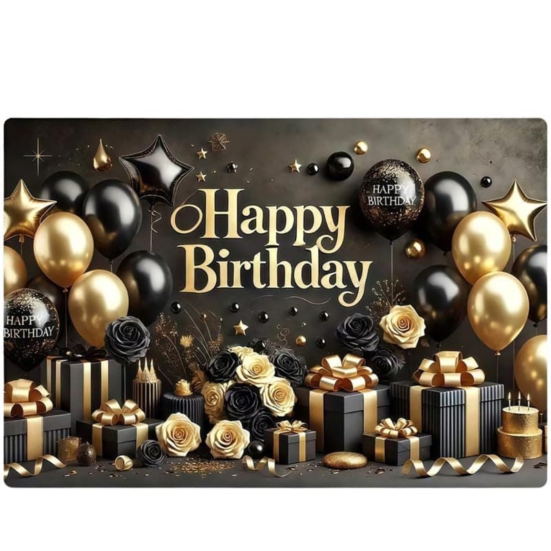 Black & Gold Happy Birthday Backdrop – Elegant Balloon and Gift Box Theme for Party Decoration & Photoshoots (Pack of 1)