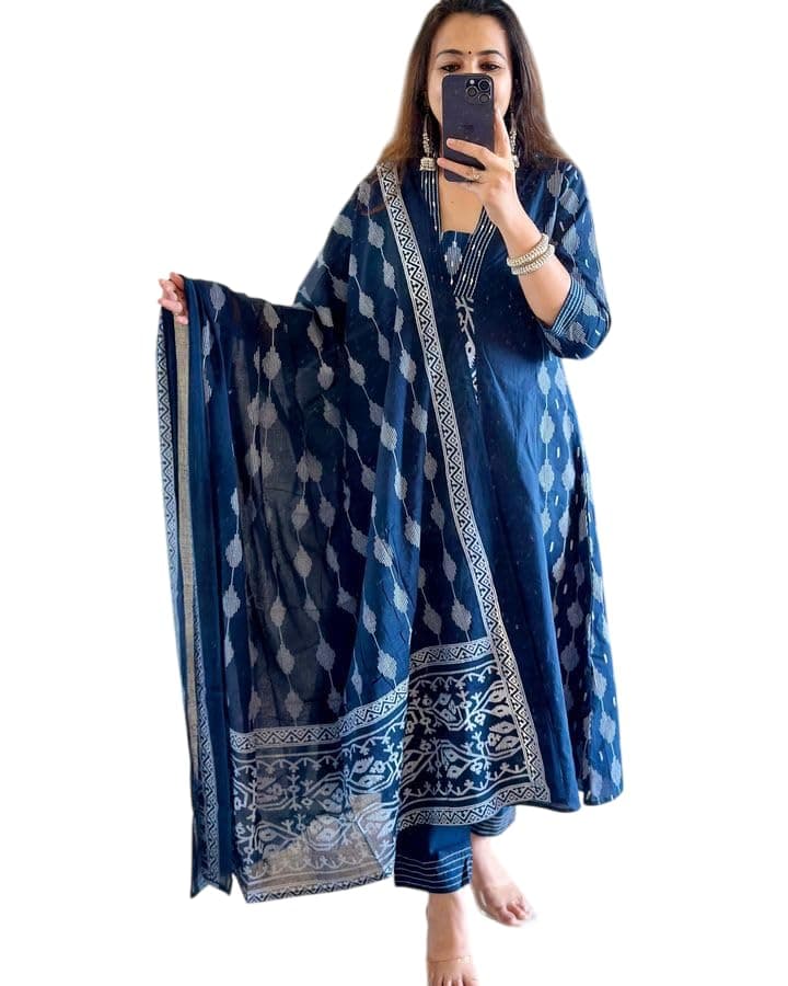 Rangnavi Women's Cotton Anarkali Printed Kurta with Palazzo & Dupatta Set