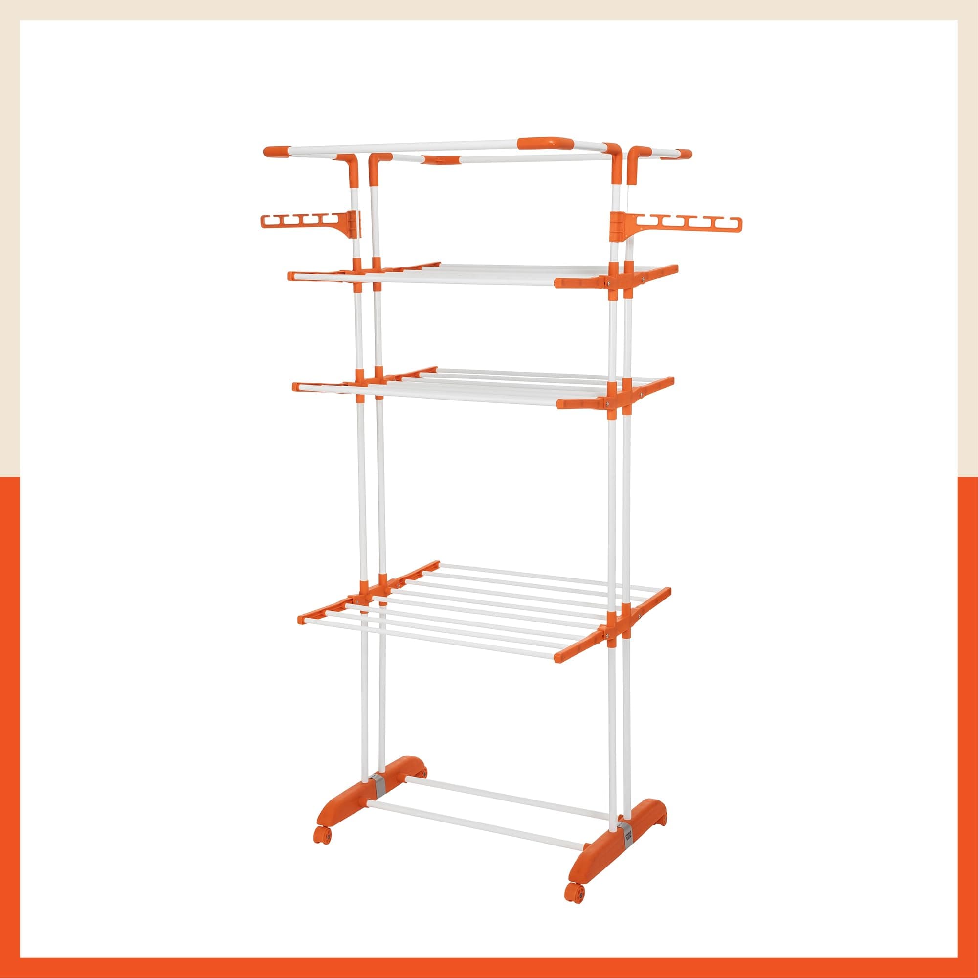 Bathla 4 Level Modular Cloth Drying Stand with Wheels - Rustproof Portable Steel Laundry Rack (Orange - Extra Large) - Clothes Dryer for Balcony, Indoor & Outdoor Use