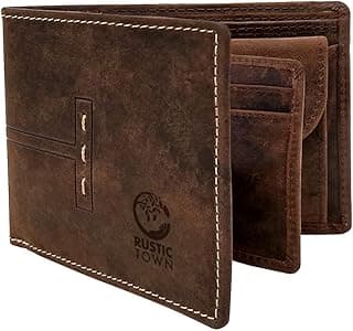RUSTIC TOWN Mens Wallets - Full Grain Leather RFID Wallet for Men with ID Window, Card Slots and Coin Pocket (Large, Dark Brown)
