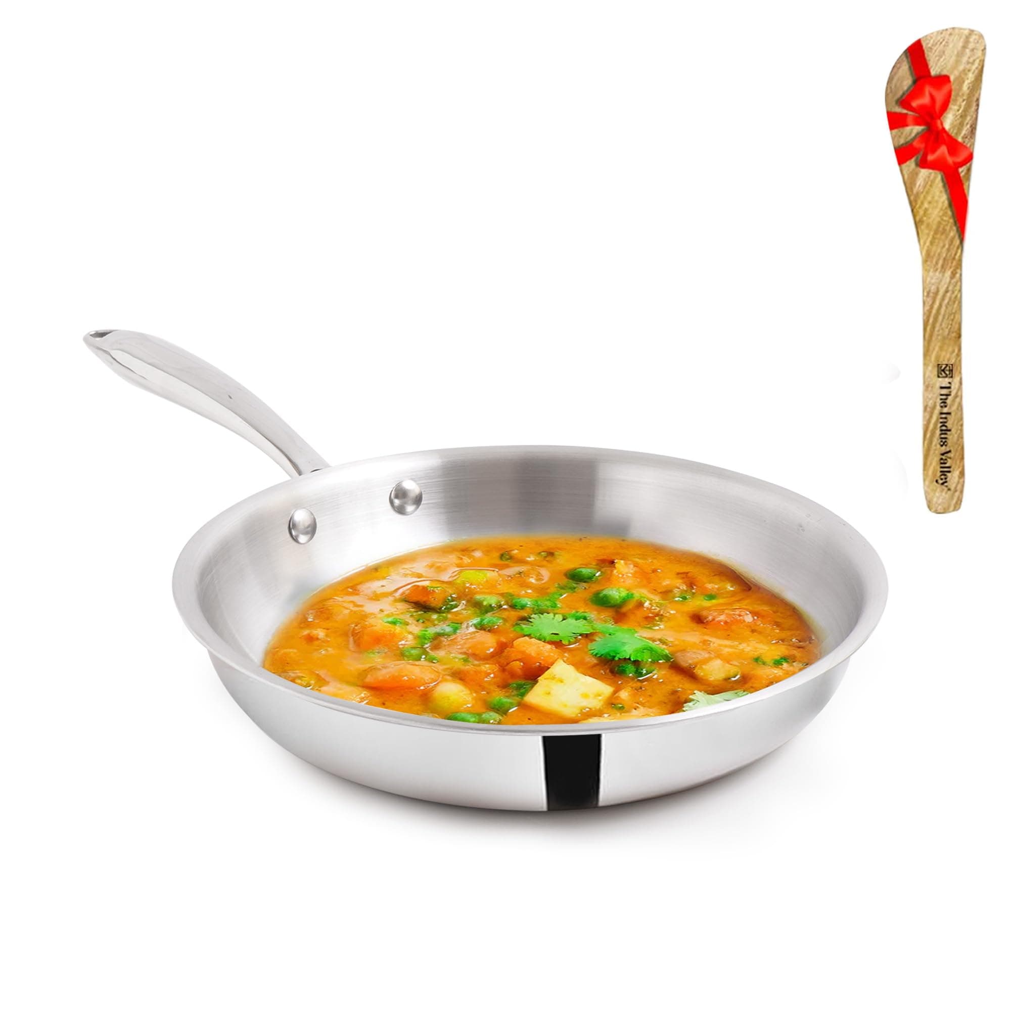 The Indus Valley Triply Stainless Steel Fry Pan with Free Wooden Spatula | Small, 22cm/8.7 inch, 1.5Ltr, 0.9kg | Induction friendly | Nonstick 3-Layer Body, 100% Pure & Toxin-free, No Chemical Coating