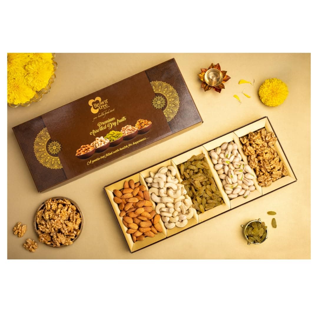 Browntree Premium 5p (230g) | Almonds, Cashews, Raisins, Pista, Walnuts Kernels | Fresh & Healthy Dry Fruits and Nuts for Coworkers, Relatives, and FriendsI ideal gift box for all celebration | Corporate Gift box| Dry Fruit and Nuts Gift Hamper | Unique Gifts