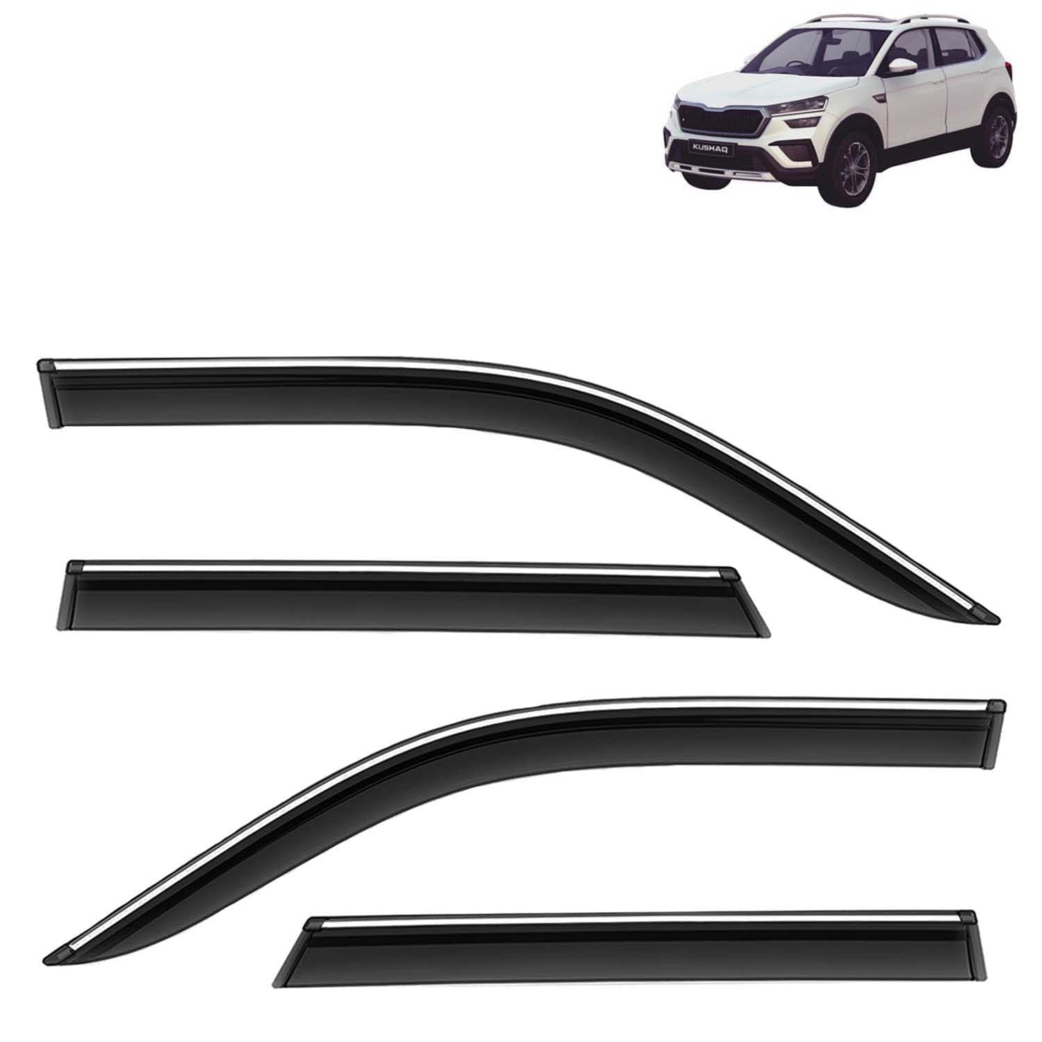 KINGSWAY Accessories Chrome Lining Door Visor Only Compatible with Skoda Kushaq (Year 2021 to 2025) All Model, Premium Chromeline Unbreakable Car Rain Guard Side Rear Wind Deflectors, Set of 4 Pcs