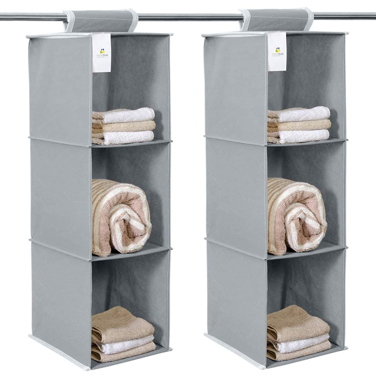 HomeStrap 3-Shelf Closet Hanging Organizer | Durable Non-Woven Fabric Storage Hanger with Engineered Wood | Stylish Wardrobe Storage Solution | Grey (Pack of 2)