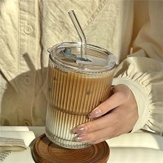 Glass Mug with Bamboo Lid and Straw, 510ml, for Cold Drinks, Smoothies, Coffee(Pack of 1) (Glass Water Mug with Straw)