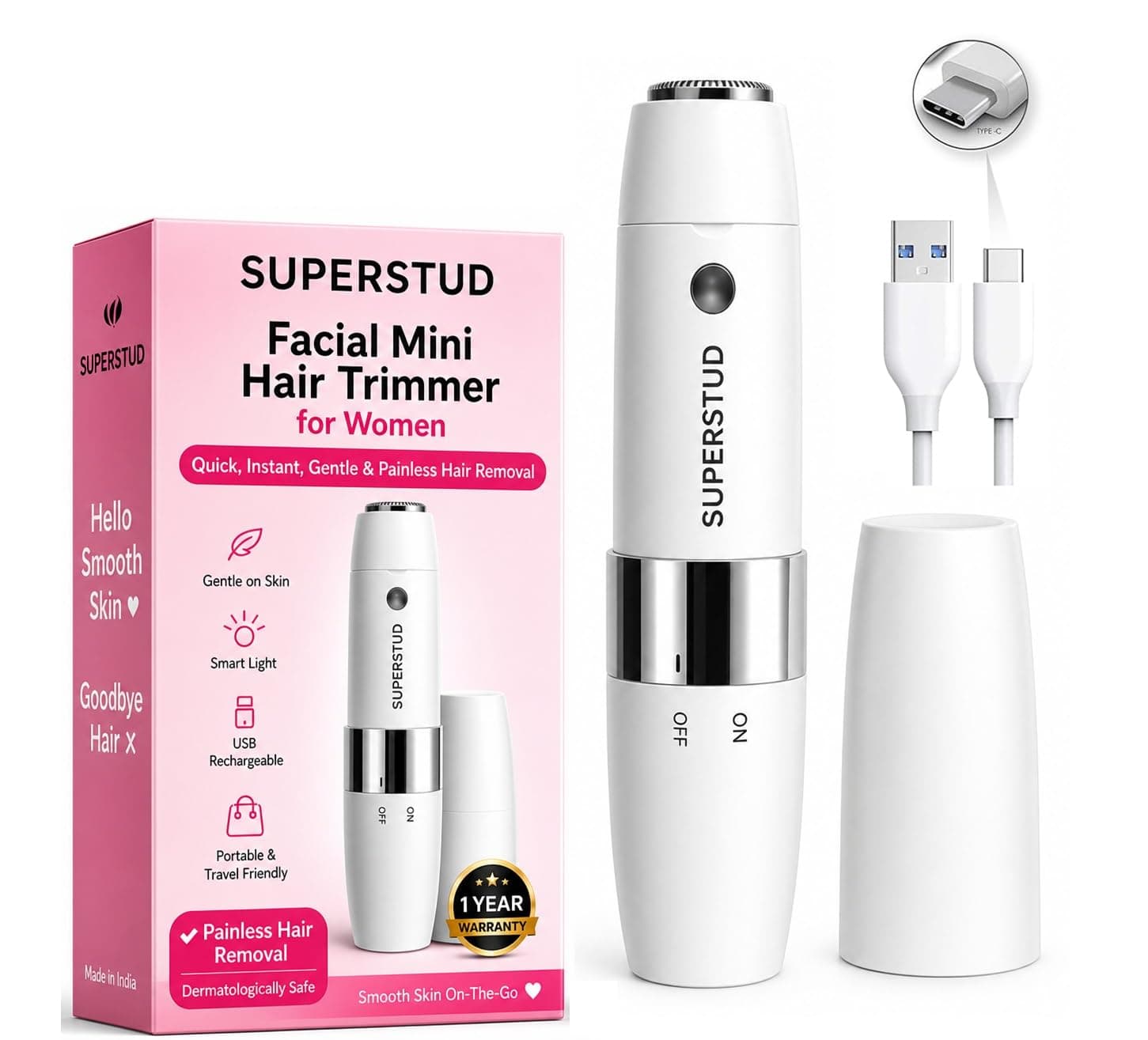SUPERSTUD Face Trimmer for Women Facial Hair || Facial Hair Removal Machine || || Rechargeable Electric Trimmer for Woman || 1 Year Warranty || Face, Upper Lips, Chin, Peach Fuzz and Eyebrow Trimmer - 90 Min Runtime