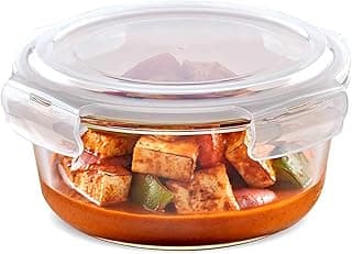 Borosil 400ml Klip n Store Round Glass Food Storage Container with Air Tight Lid | Borosilicate Glass Container for Lunchbox | Microwave & Dishwasher Safe | Transparent