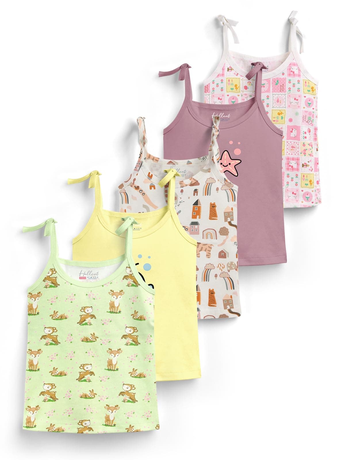 HELLCAT 100% Cotton Strap Open Jhabla Vest & T Shirt for Babies - Pack of 5 (Unisex,Knot Type Jabla)