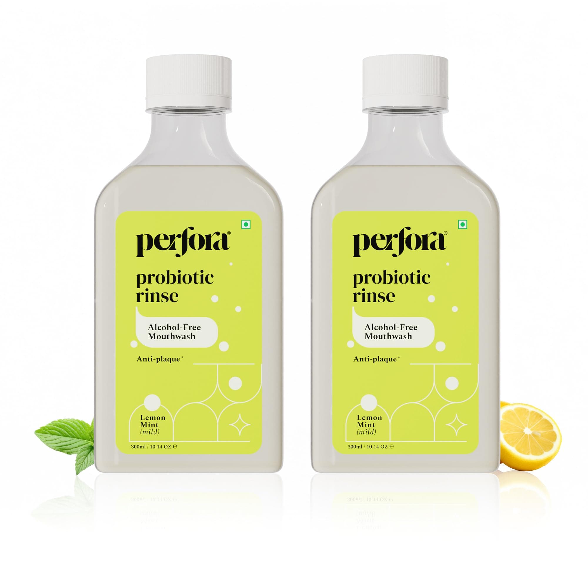 Perfora Lemon Mint Mouthwash, 300ml X 2 | Alcohol-Free Mouth Wash Liquid With Probiotics, Hyaluronic Acid, & Vitamin C | Freshens Breath & Removes Germs | No Artificial Flavor |Mouthwash For Oral Care