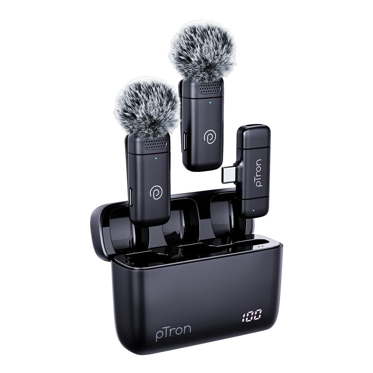 pTron KWM-2 Type C Wireless Microphone with Charging case w/Noise Cancellation, 48Hrs Battery, 20m Wireless Range, Collar Mic for DSLR/iPhone/Android, Vlog, Streaming/Zoom Meeting (Obsidian)