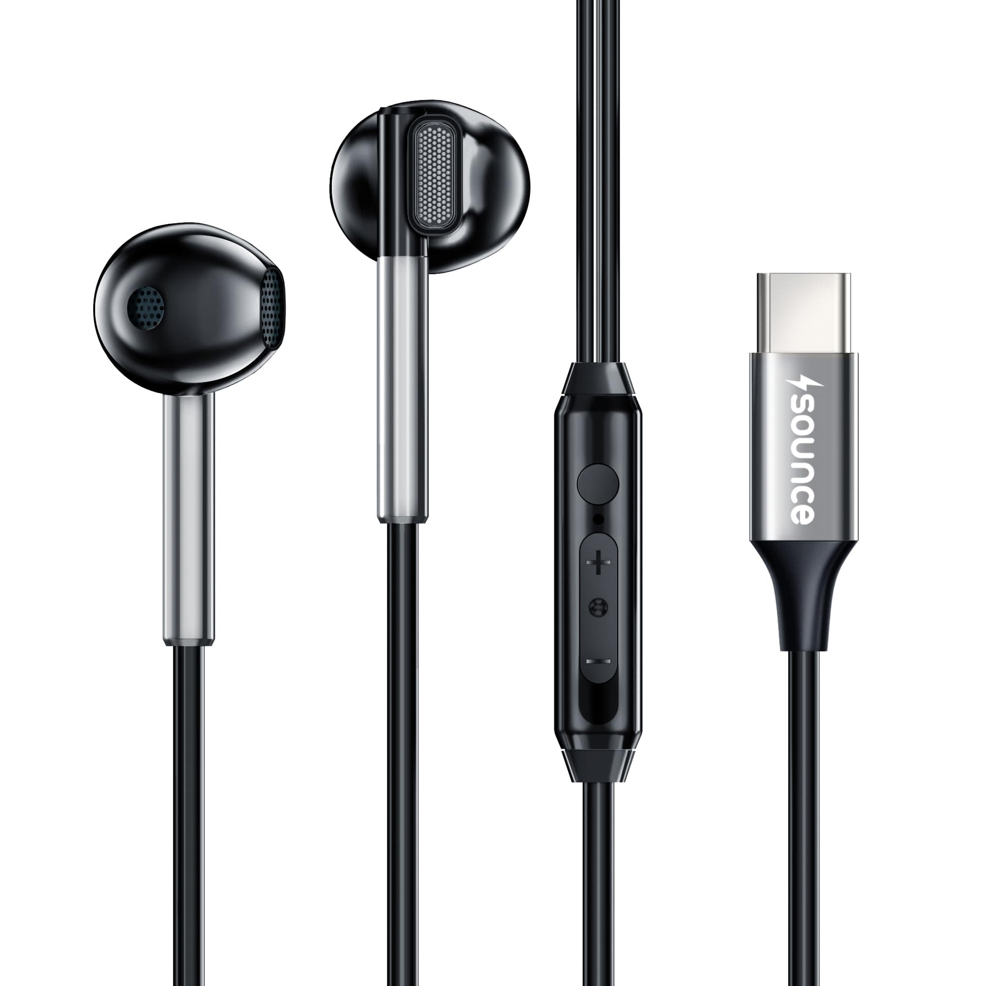 Sounce HyperC Type-C Wired Earphones with Enhanced 14.2mm Dynamic Driver Deep Bass HD Microphone Ergonomic Earbuds Design TPE Anti-Tangle Cable Smart In-Line Controls for Music Calls Gaming Pro(Black)