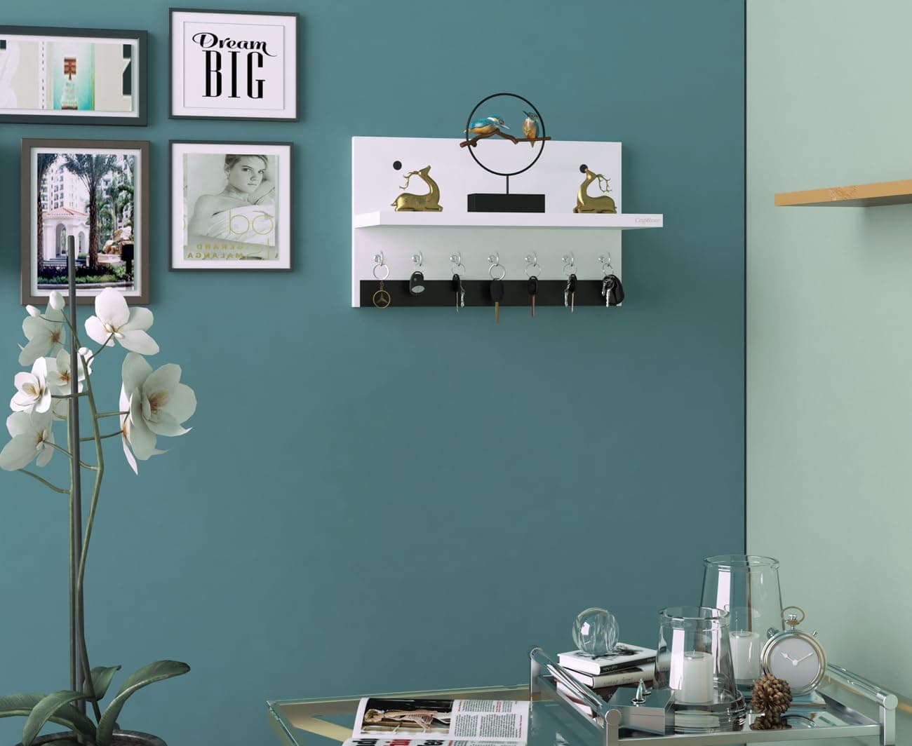 Captiver MDF Wood Wall Mounted Key Holder with Storage Stand (7 Hooks) (White)