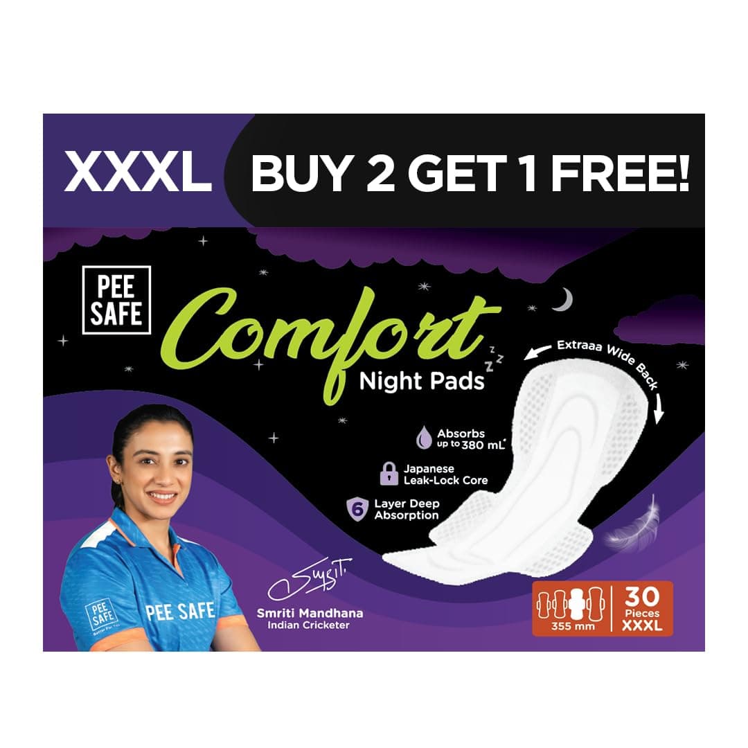 Pee Safe Comfort Night Pads XXXL-30 Pads - 355Mm | 76% Longer | Heavy Flow Nights, Super Soft Topsheet, Dual Wings, Wider Back, Overnight Protection, Leak Free, Toxin Free