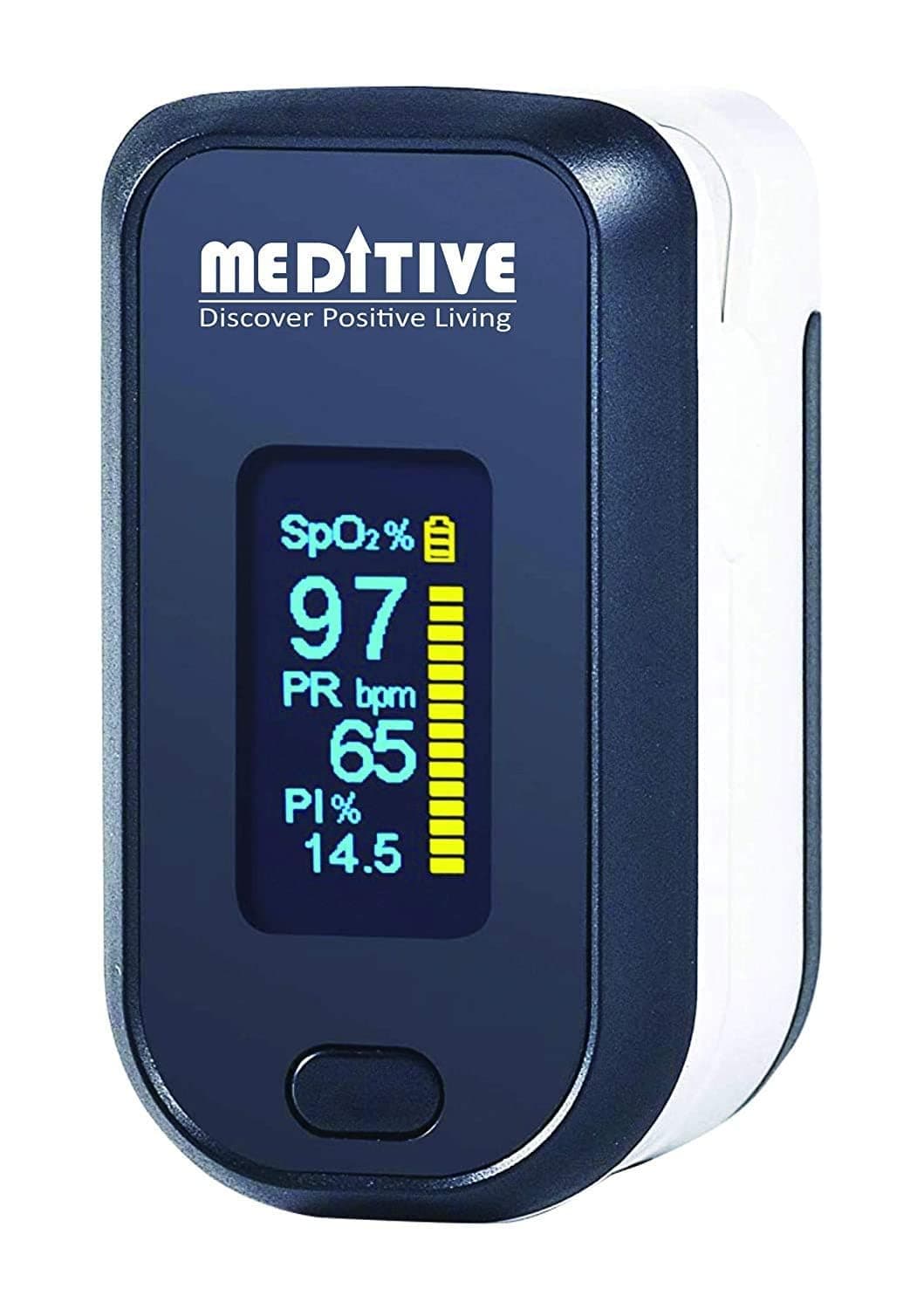 MEDITIVE Fingertip Pulse Oximeter, Dual Color OLED Display Blood Oxygen Monitor with Alarm Feature with Perfusion Index - PI Index and Respiratory Rate (Black Color)