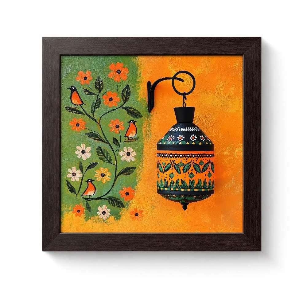 PAPER PAJAMA - Rustic Floral Lantern Wall Art Framed Painting with Orange Birds and Folk Garden Illustration on Vibrant Yellow Green Background Decorative Nature Inspired Artwork - 9x9 Inches