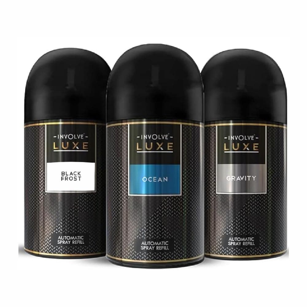 Involve Luxe Combo - Ocean, Black Frost & Gravity - Pack 3 | Automatic Room Fresheners Refill | 2200 Sprays Guaranteed | Lasts up to 60 Days (225ml * 3) | Automatic Home Fresheners