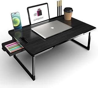 eumqestoer Stylish Multi-Purpose Portable Laptop Table, Foldable Wooden Desk for Bed Tray, Laptop Table, Study Table with Mug Holder, Ergonomic, Non-Slip Legs in Bed Table (COTTED, Black)