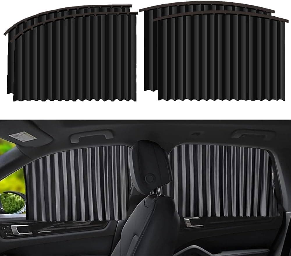 HMYZ 4pcs Universal Fit Magnetic Car Side Window Curtain, Foldable Car Window Privacy Curtains Sunshade Side Magnet Pleated Car Window Curtain - Removable (Black)