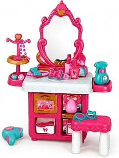 BIGFOLK® Kids Beauty Makeup Dressing Table Toy Set with Mirror, Stool, Hair Dryer, Comb, Accessories & Storage Cabinet | Pretend Play Vanity Set for Girls | Pink