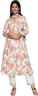 W for Woman Seashell White Printed Pure Cotton Flared Kurta, Straight Pant and Dupatta Set