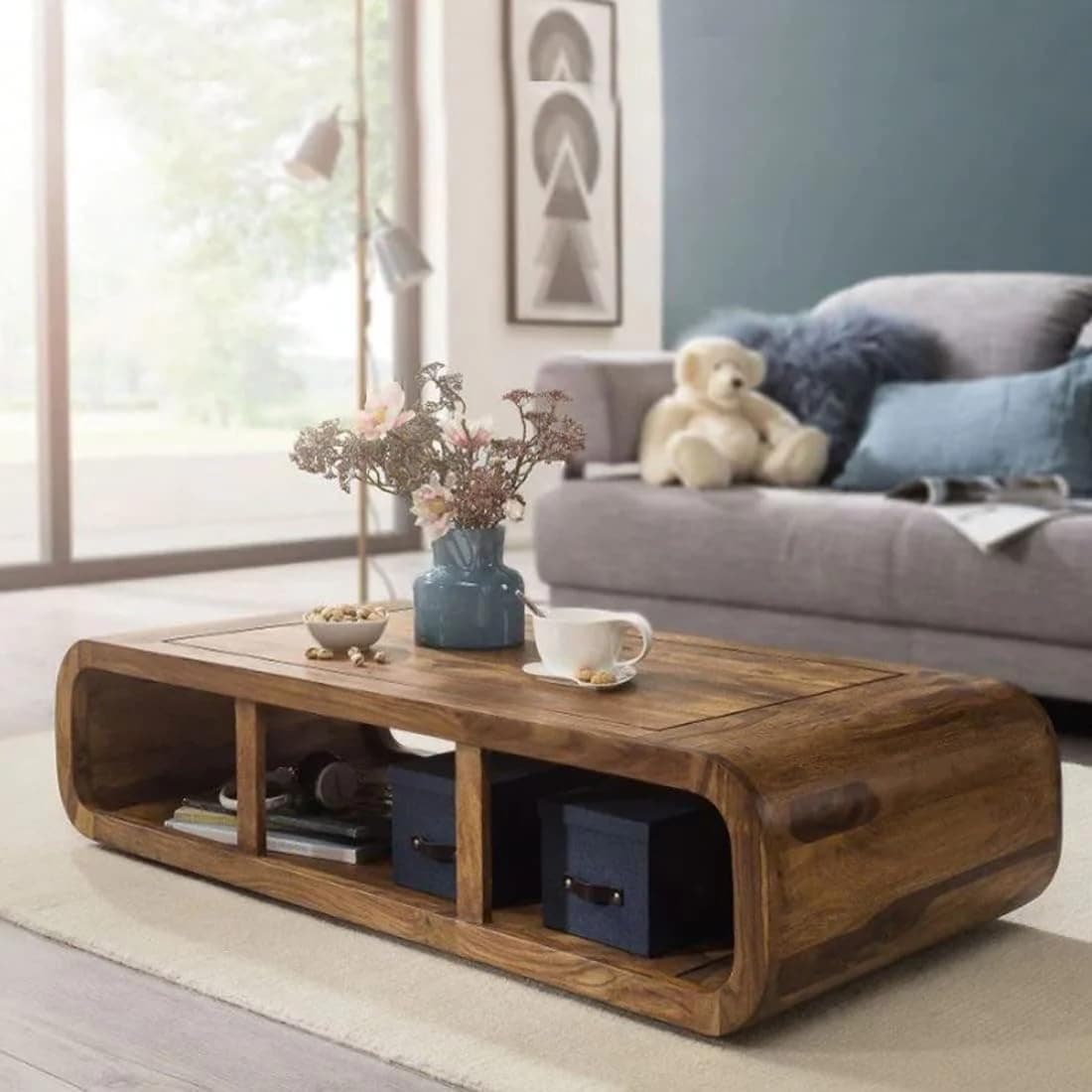 Modern Furniture SHEESHAM Wood Center Coffee Table for Living Room Home with Storage | Tea Table Wooden |Sofa Set Center Table for Office Living Room Stylish (Natural Teak)