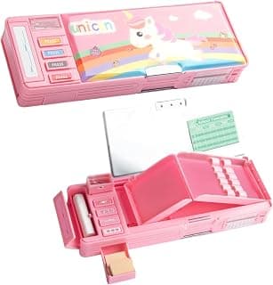 Kiddie Galaxia Plastic Multifunctional Cute Unicorn School Pencil Box for Girls - Multi Compartment Button Operated Unicorn Compass Box, Stationary Items- Pencil Case & Geometry Box for Kids, Pink