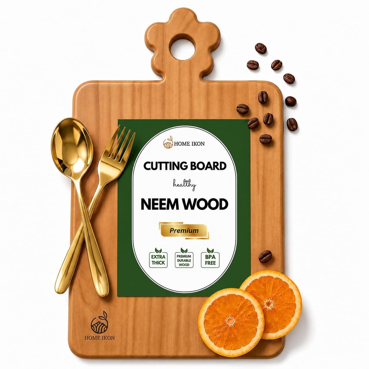 Home Ikon Neem Wood Chopping Board for Kitchen with Handle | Wooden Cutting Board | Extra Thickness, Antibacterial | Vegetable Chopping Board | 41x24x3 cm