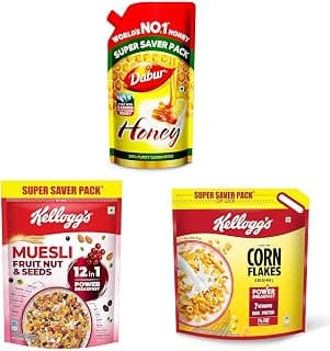 Dabur Honey - 750g Easy Use Spout Pouch, Kellogg's Muesli Fruit Nut & Seeds 750G and Kellogg's Corn Flakes Original 1.2kg/1.15kg