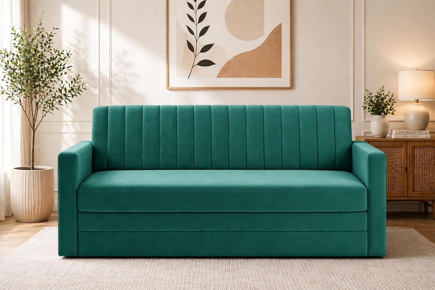 Winsome mattress Modern Velvet 3-Seater Sofa Cum Bed with Armrest, Convertible Sleeper Couch Sofa for Living Room, Bedroom & Office-Green Color