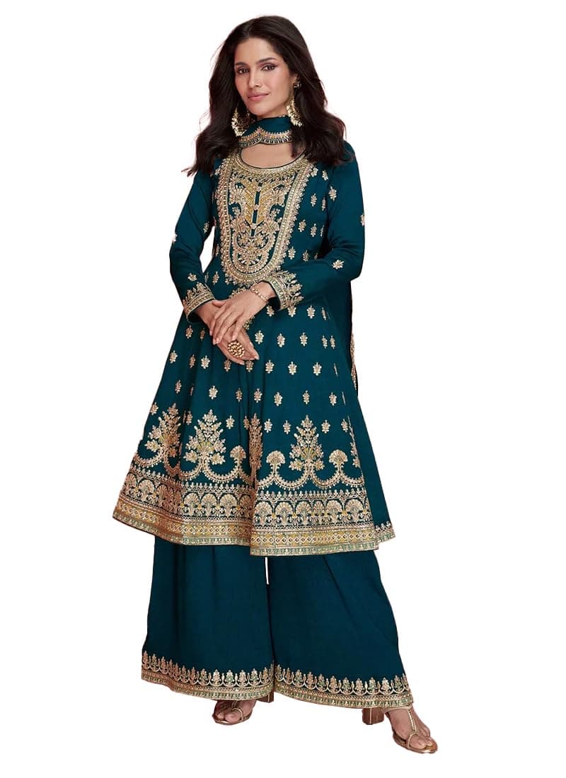 Miss Ethnik Women's Pink Vichitra Silk Stitched Top With Stitched Vichitra Silk Bottom and Vichitra silk Dupatta Full Sleeve Embroidered Straight Kurta (ME-1157)