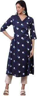 Aurelia Women's Midnight Blue Polka Dots Cotton Rayon A-line Kurta