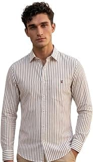 Louis Philippe Men's Slim Fit Signature Oxford Easy Care, Natural Stretch Full Sleeve Stripe Casual Shirt