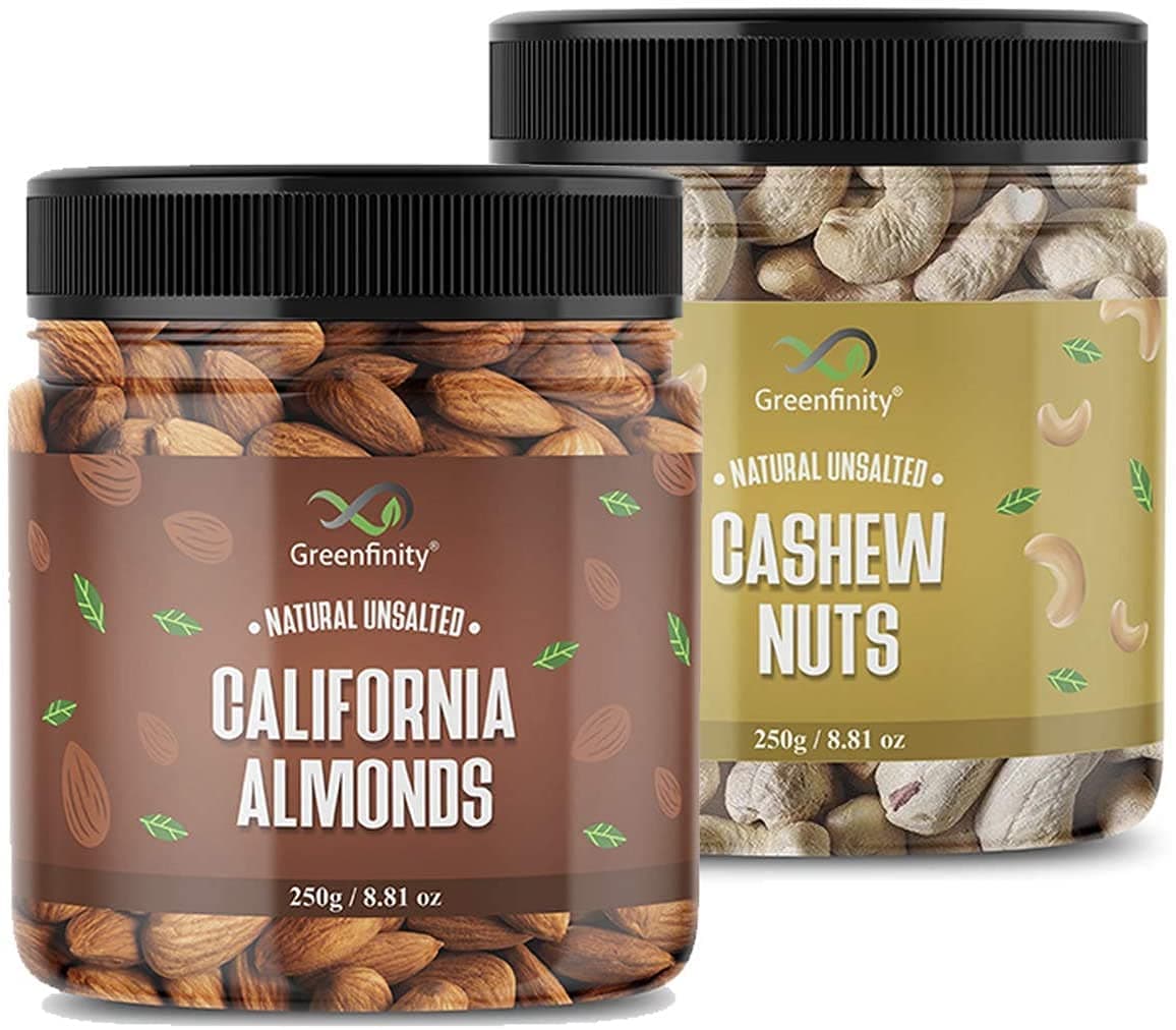 GreenFinity Dry Fruits Combo Pack- Almonds and Cashews | Protein-Rich Nutrient-Dense Dry Fruits for Everyday Use | Fresh Healthy Crunchy Whole Nuts for Snacking, Cooking, Gifting (250g Each-Pack of 2)