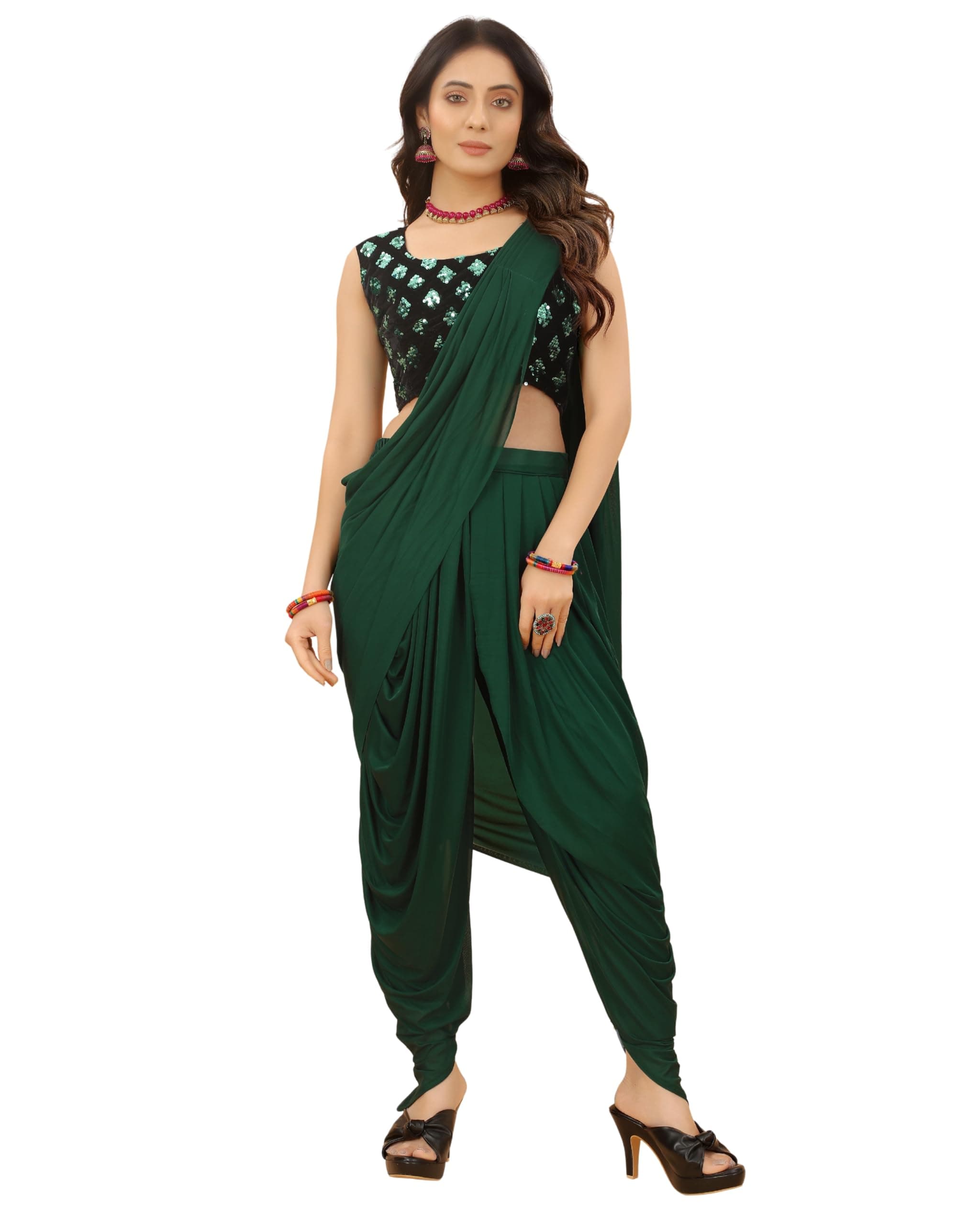 Amazon Brand - Anarva Women's Ready to Wear Saree with Unstitched Blouse Piece, Sequin Embellished Ruffle Border, Designer ocassion Wear Saree for Festival, Wedding & Events